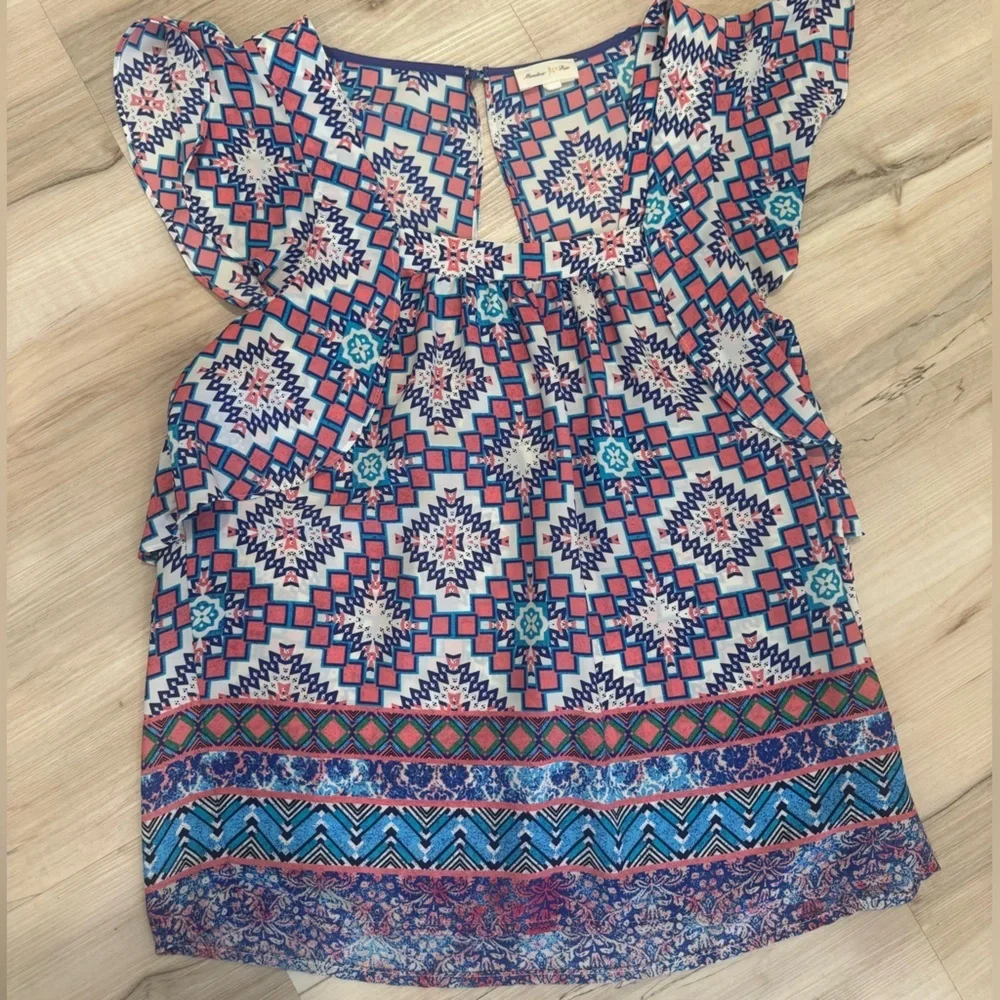 Meadow Rue Geometric Print Blouse - Blue and Pink - Picture 3 of 7